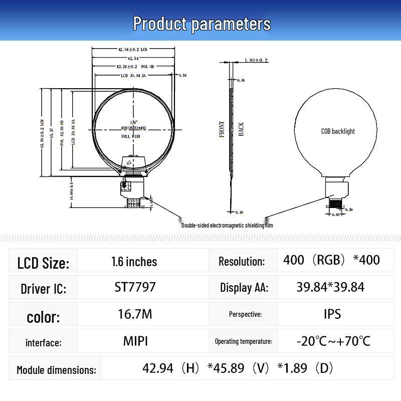 1.6-inch TFT LCD Display, Full Viewing Angle, 400x400, MIPI/QSPI Interface, Industrial Color Screen