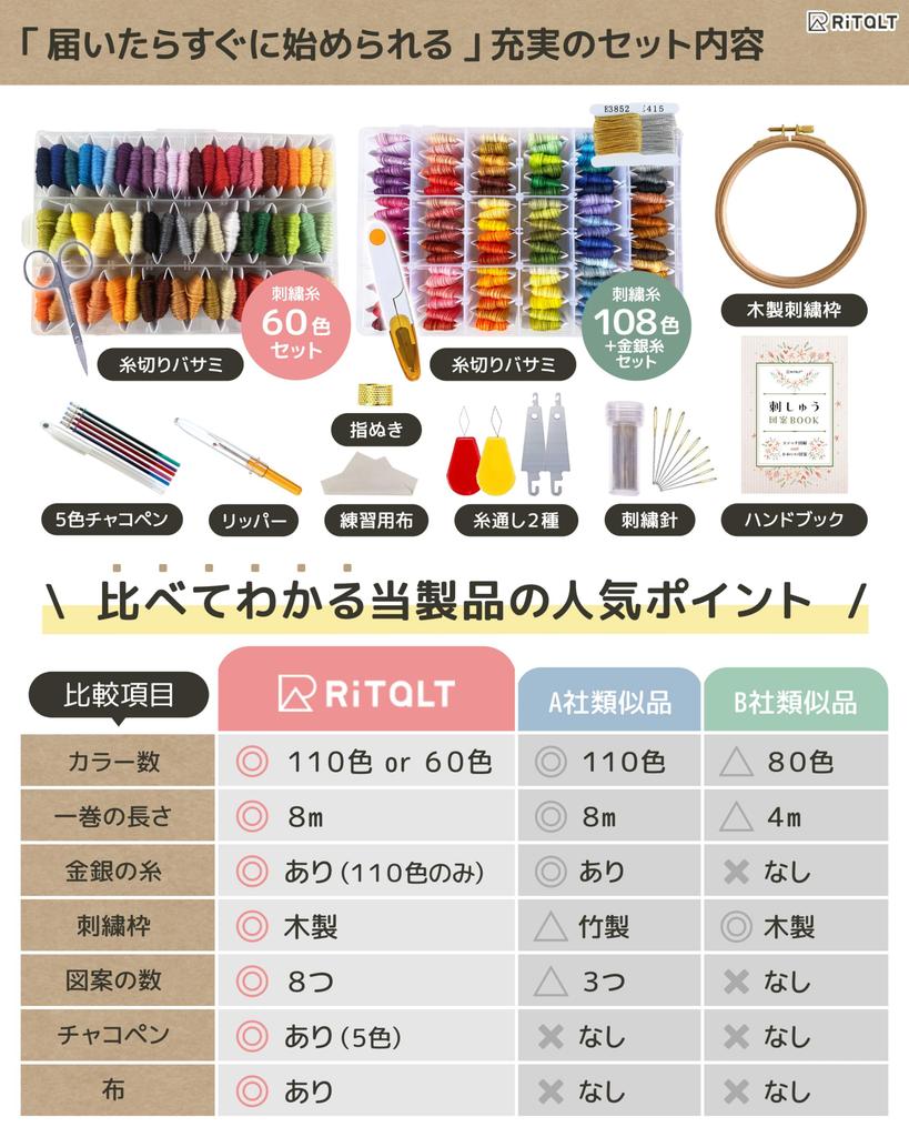 RITALT Embroidery Kit Embroidery Thread 108 Colors + Gold and Silver Pattern Book Embroidery Frame Beginner Set Storage Cloth [No. 258m6 Threads]