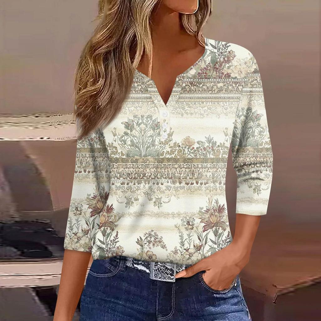 Women's T Shirt Print Button 3/4 Sleeve Daily Weekend Fashion Basic V- Neck Regular Top
