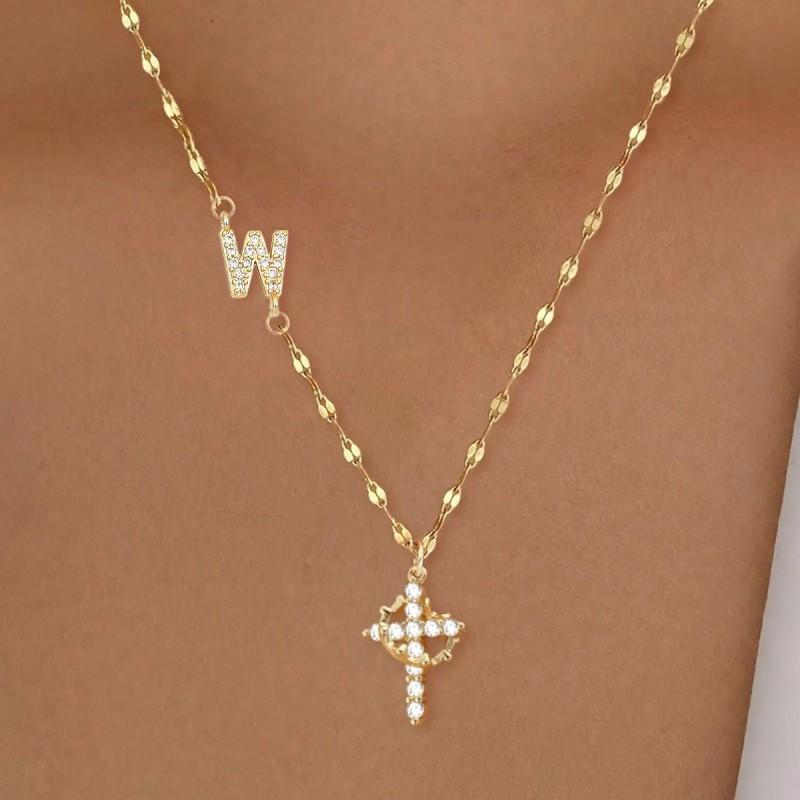 Cross Shape Letter Necklace Women Gold Plated Copper Pendant Versatile Fashion Jewelry