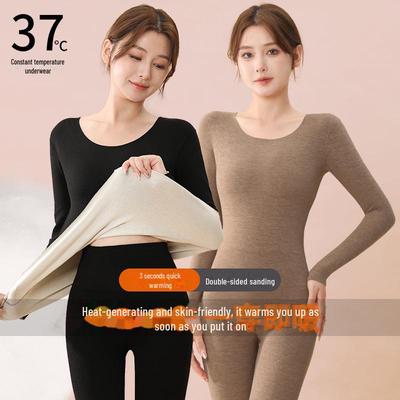 Женский комплект термобелья из кашемира и шелка: 37°C Самонагревающийся, Плюс Вельвет, Толстый, для Осени/Зимы.