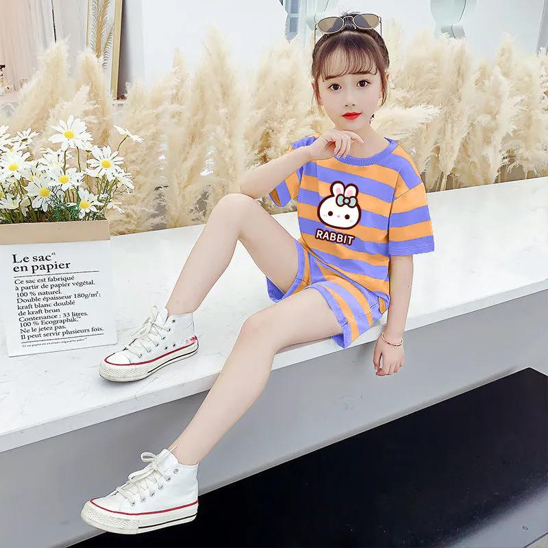 Детский костюм, летний корейский комплект с 3D принтом в тонкую розовую полоску для девочек, повседневные студенческие шорты, комплект из двух предметов