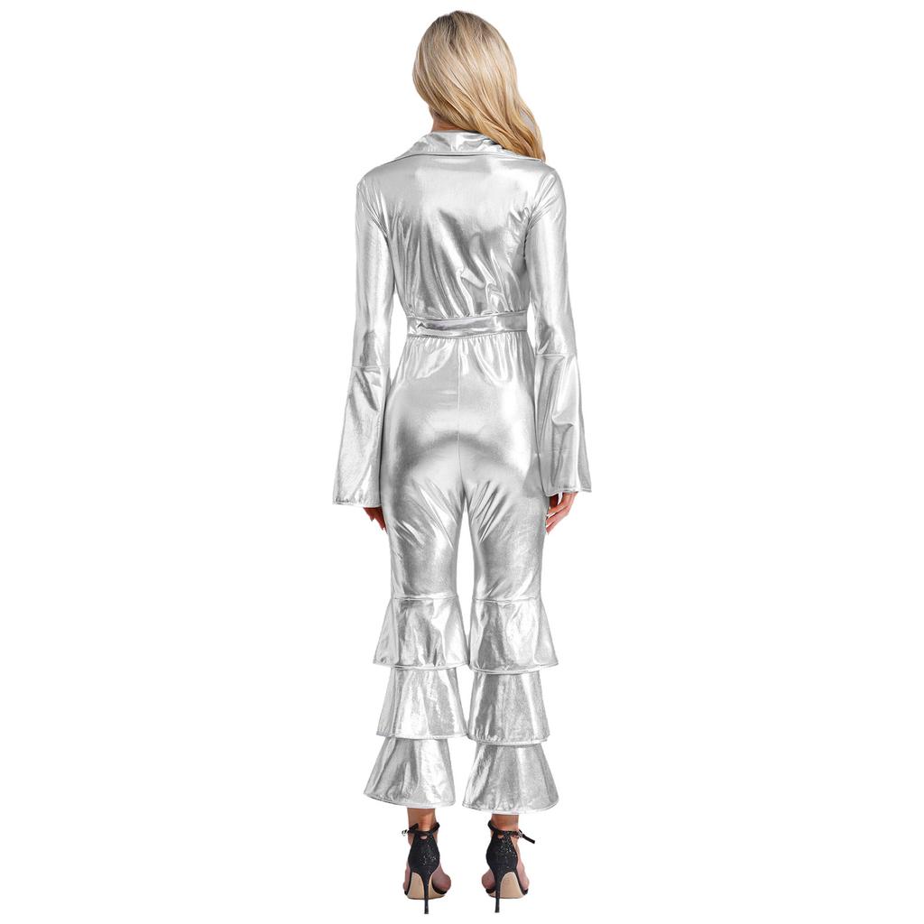 Womens 70s Retro Disco Long Sleeve Flared Jumpsuit Sparkle Costume
