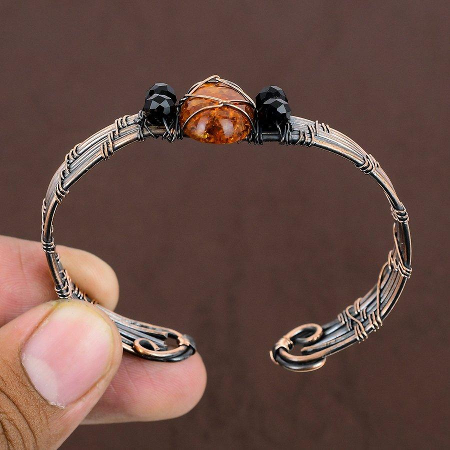 Natural Baltic Amber Handmade Copper Wire Wrap Cuff Bangle Adjustable U1q14