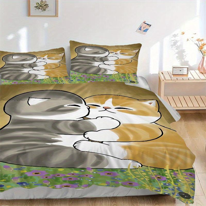 3pcs Cat Hug Bedding Set, Ideal for Home Use, Suitable for Bedroom Decor (1*Duvet Cover + 1/2*Pillowcases, No Core) yy250821167