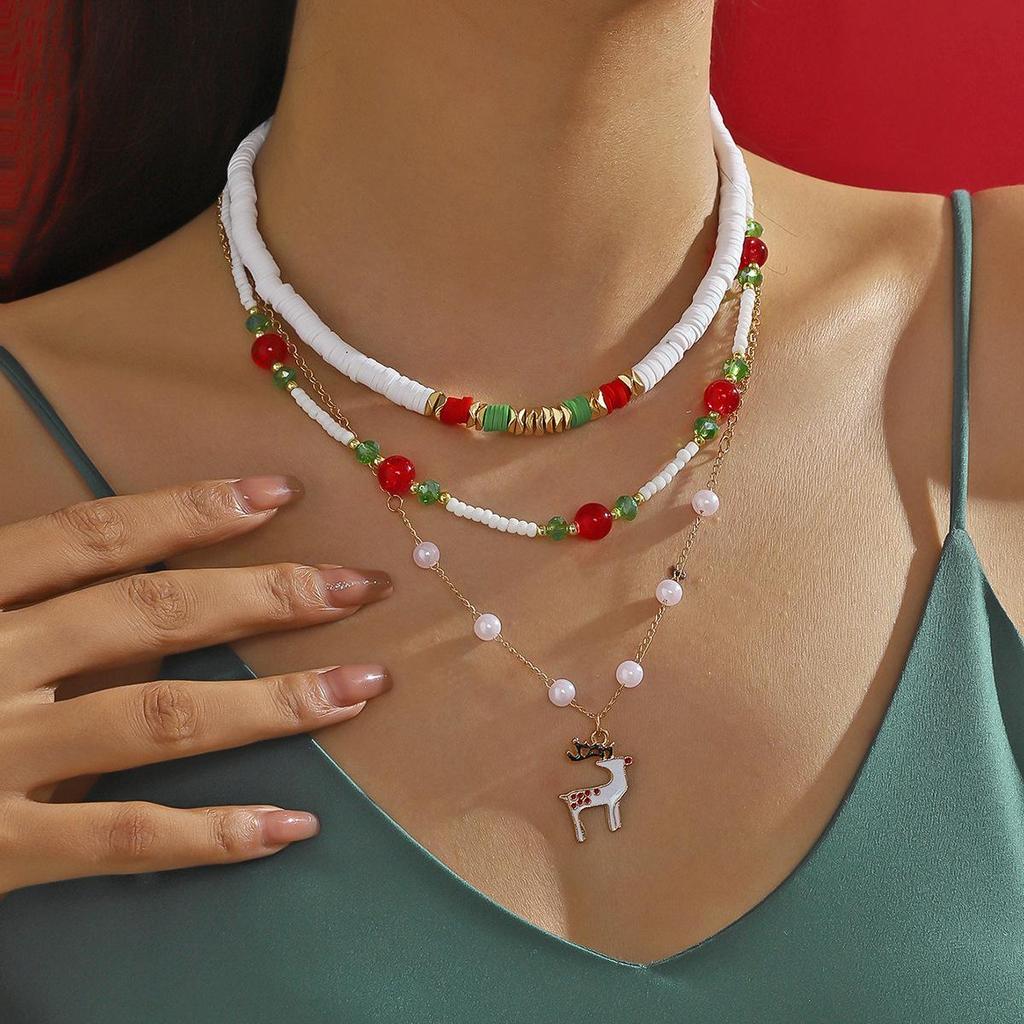 Elk Faux Pearl Multi-layer Clavicle Necklace - Cartoon Niche Design Christmas Jewelry for Women
