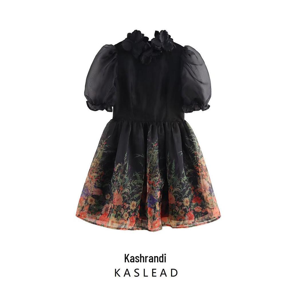 2025 Spring Women's Fashion Puff Sleeve Dress with 3D Floral Decoration