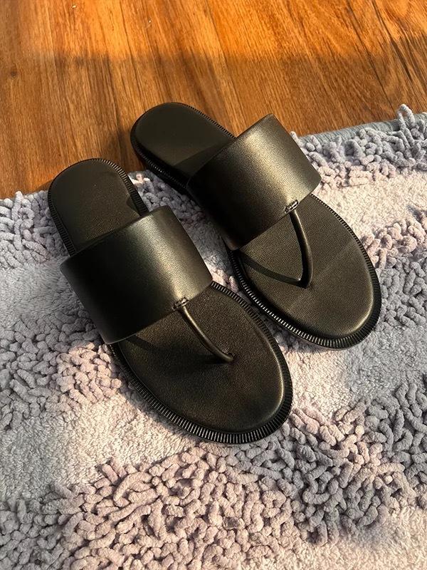 Cowhide Version~ Row Style Flat-bottomed Toe Slippers Women's Outer Wear 2025 Summer New Beach Simple Word with Sandals