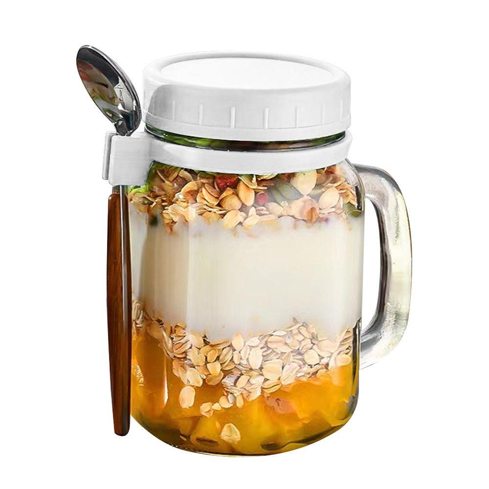 with Lids Spoons & Handle Yogurt Pot Glass Breakfast Jar Oats Container Overnight Oats Jars