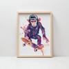 Plakat Małpi Skateboardzista Plakat Małpi Skateboardzista, 50X70 Cm, Rama Drewniana Jasny Dąb, Papier Matowy 230 Gsm