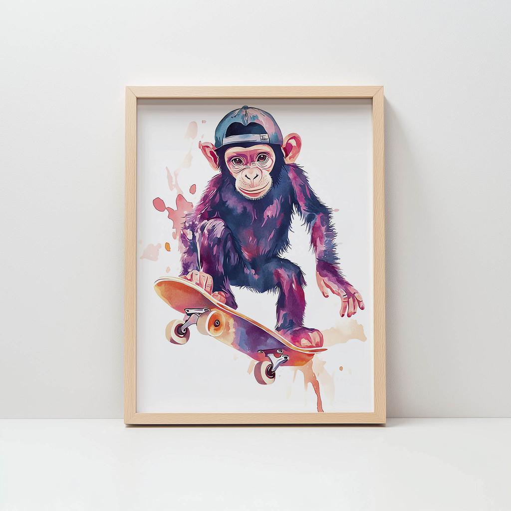 Plakat Małpi Skateboardzista Plakat Małpi Skateboardzista, 50X70 Cm, Rama Drewniana Jasny Dąb, Papier Matowy 230 Gsm