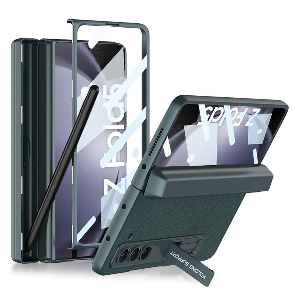 Magnetic Hinge PU Leather Phone Cover for Galaxy Z Fold 7 6 5 PC Folding with Front Glass S Pen Slot Electroplate Special Craft