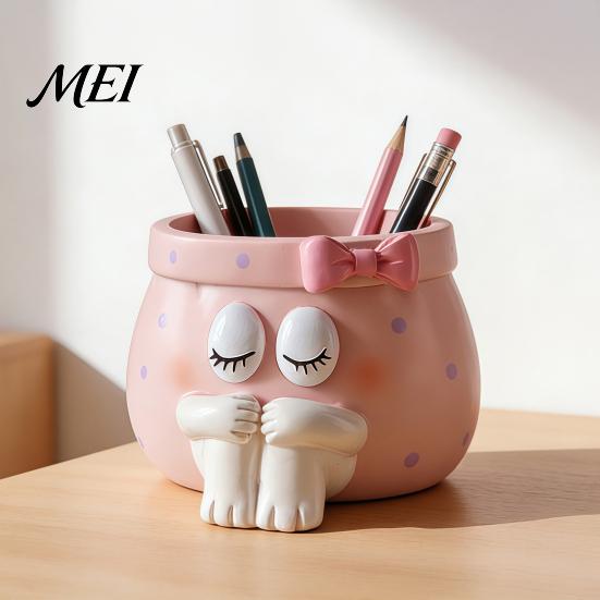 Unique Birthday Gifts for Girls Cute Cartoon Girl Pen Holder, Resin Makeup Brush Decorative Desktop Creative Stationery Holder Organizer with