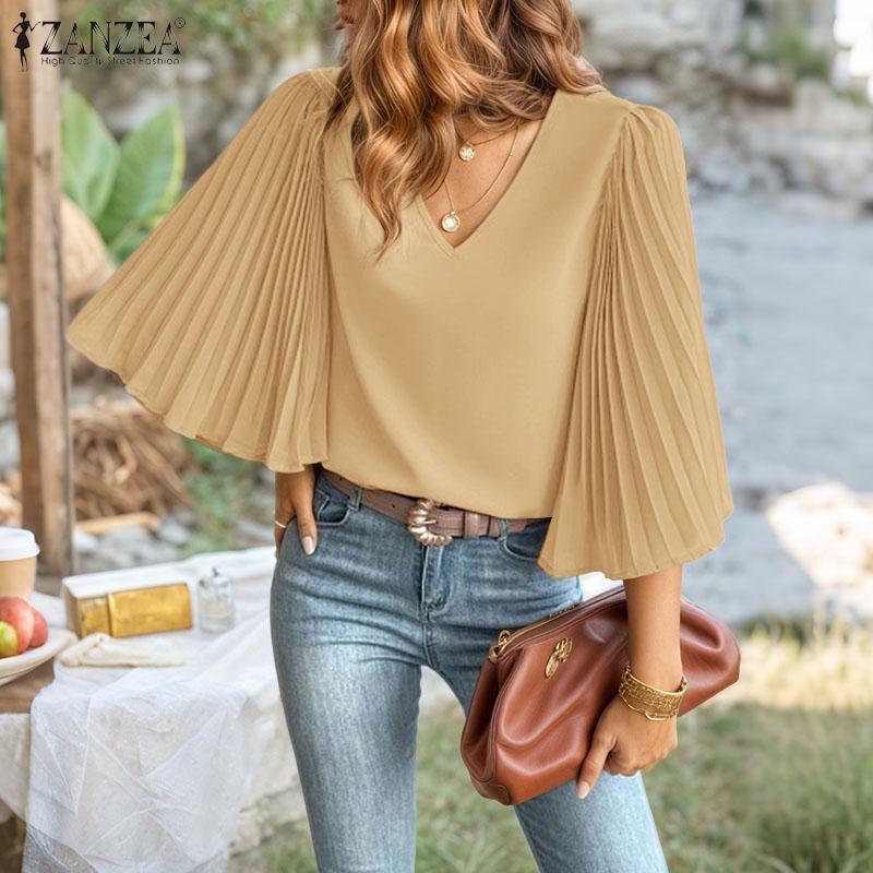 ZANZEA Women Casual V-Neck Pleated 3/4 Sleeve Loose Blouse