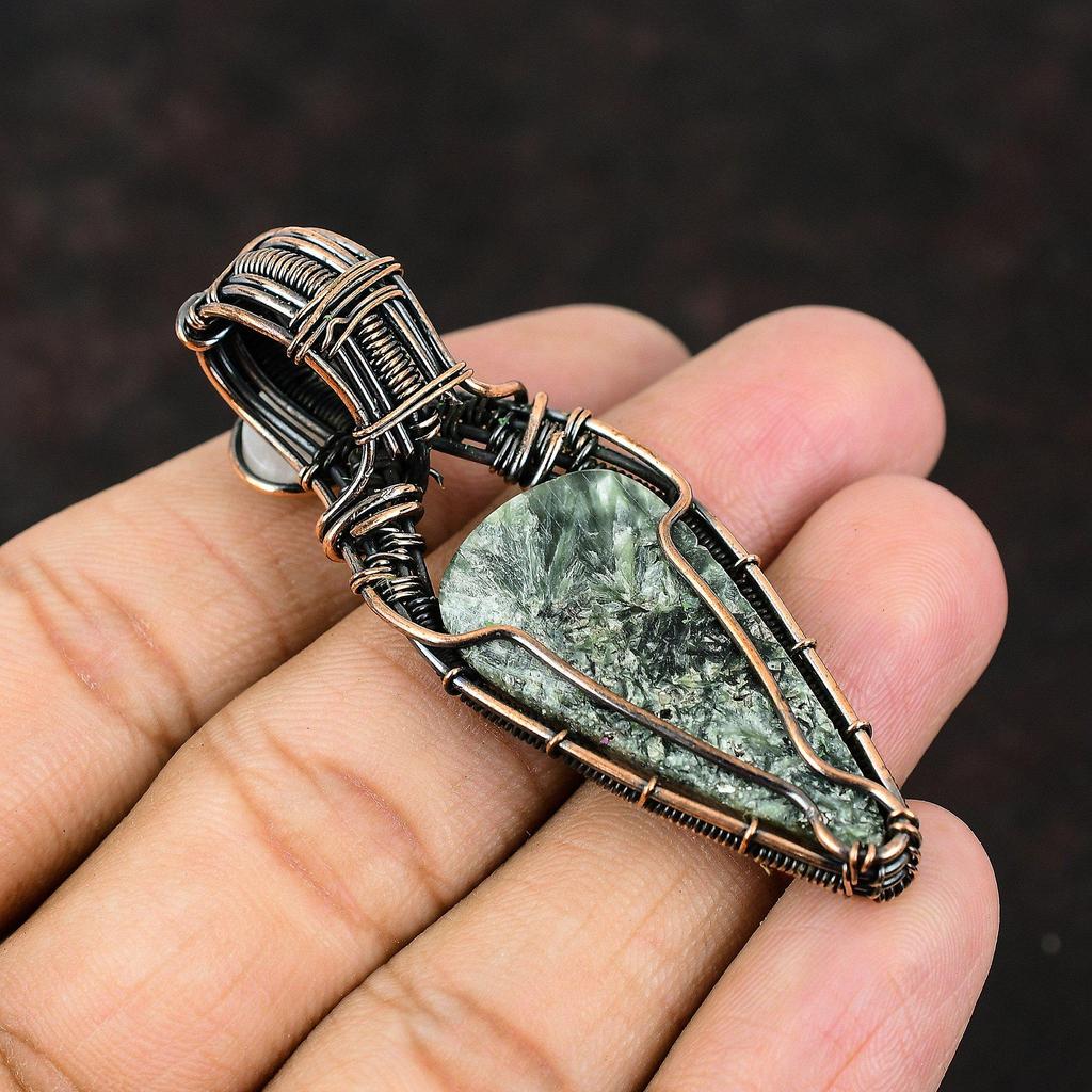 Подвеска из меди серафинит, подвеска из медной проволоки, дизайнерские украшения из драгоценных камней, подвеска из радужного лунного камня, ювелирные изделия ручной работы, подарок другу