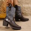 Ретро Вышитые Женские Ковбойские Сапоги на массивном высоком каблуке с острым носком зимние сапоги женские коричневые из ПУ кожи западные боты женские