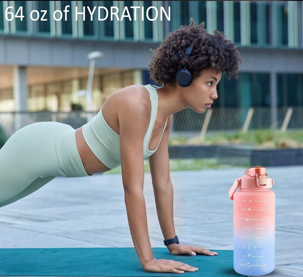 64 OZ/Half Gallon Water Bottle Jug, Motivational Time Marker Straw with Brush Leakproof BPA Reusable, Drink Enough Water Daily for Fitness, Gym