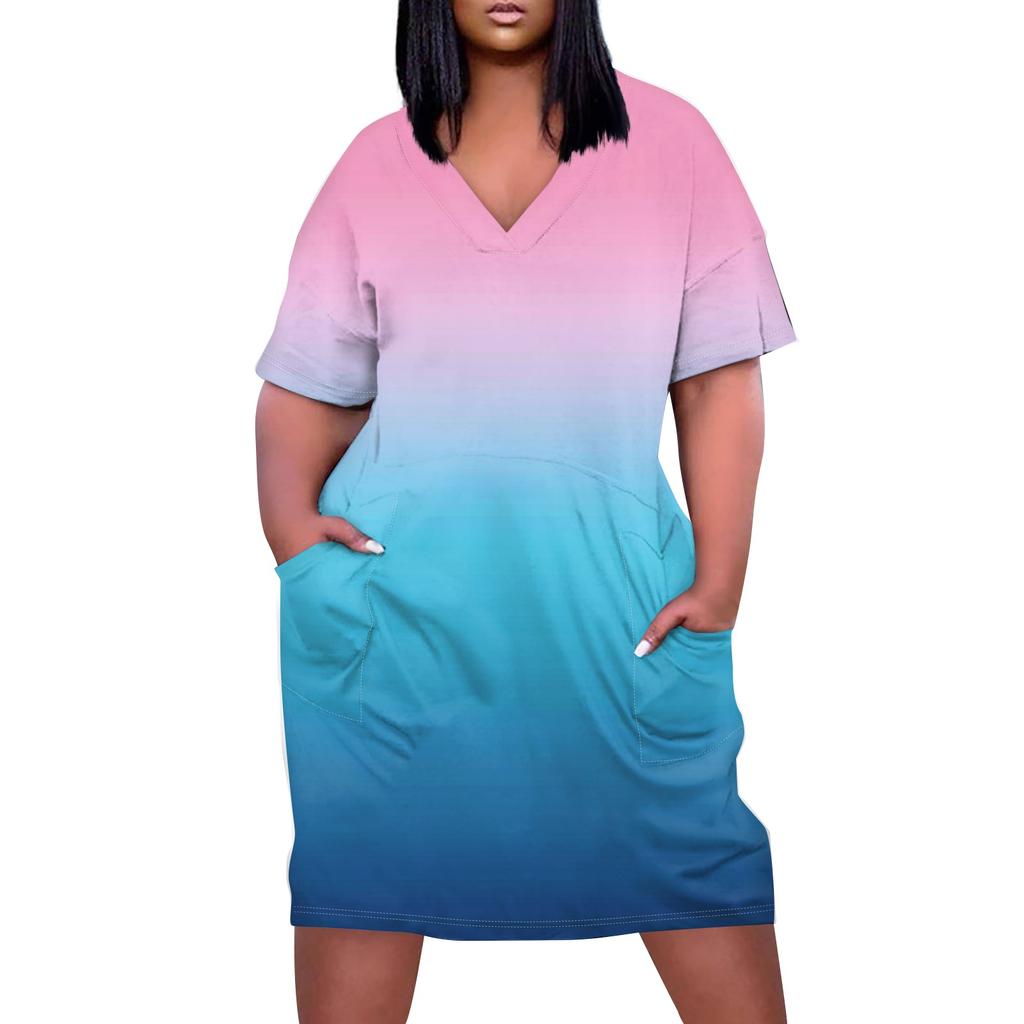 Лето плюс размер V-образным вырезом с коротким рукавом и карманом до колена с градиентным принтом повседневное платье для женщин