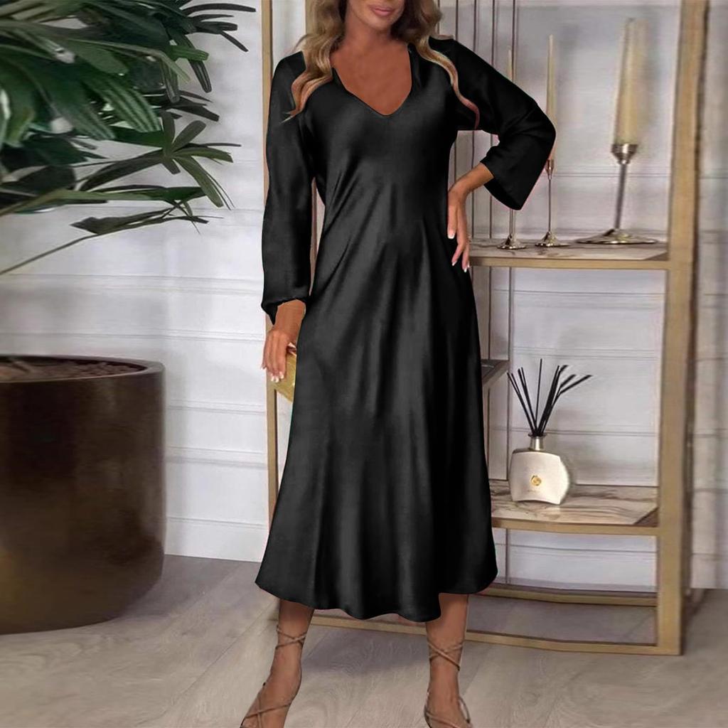 Women's Fashionable Solid Color V Neck Long Sleeved Sexy Jumpsuit A Line Long Dress