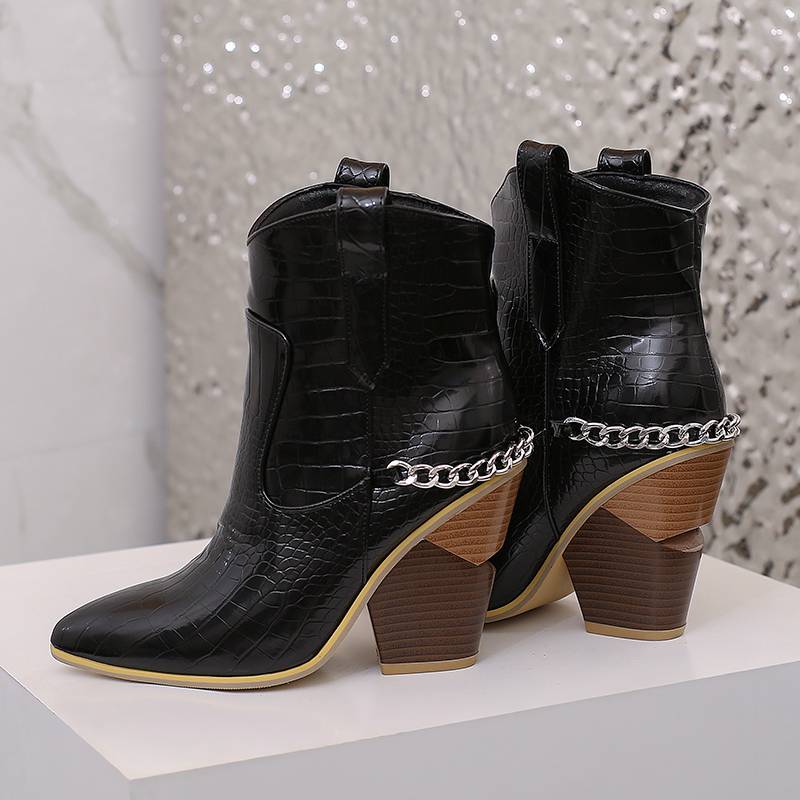 Krazing Pot Polyurethane Autumn Winter Shoes 47 Size 48 Super Size Wedges Pointed Toe Lace Up Serpentine Metal Chains Fashion Ankle Boots