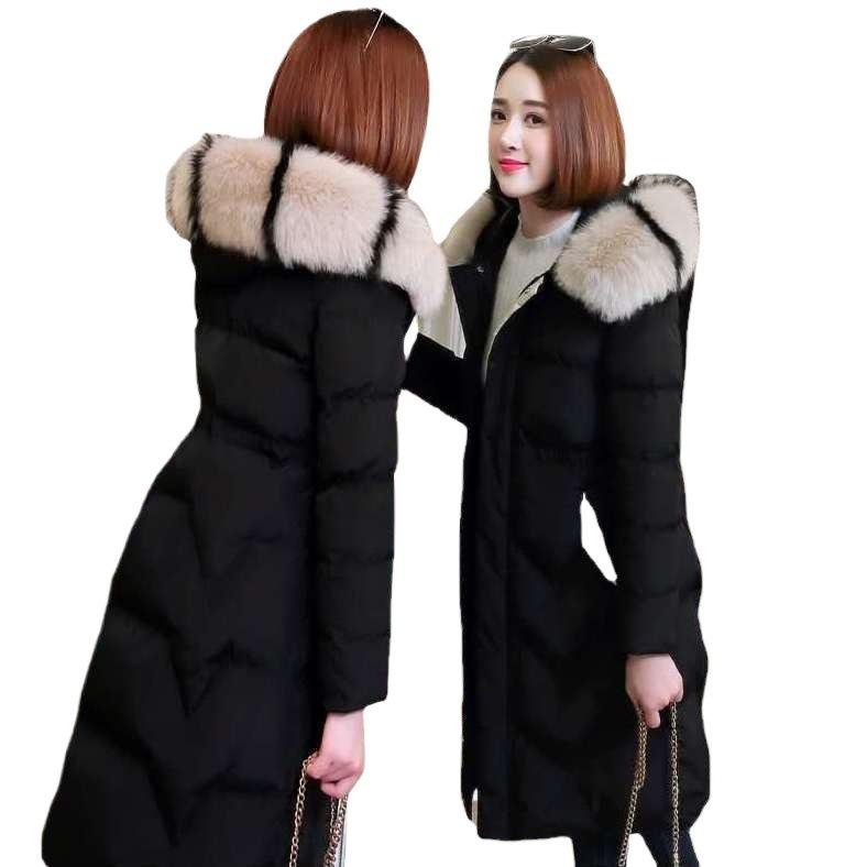 Вариант облегающей пуховой хлопчатобумажной одежды для женщин средней и длинной выше колена с большим меховым воротником и талией, хлопчатобумажная одежда куртка прилив