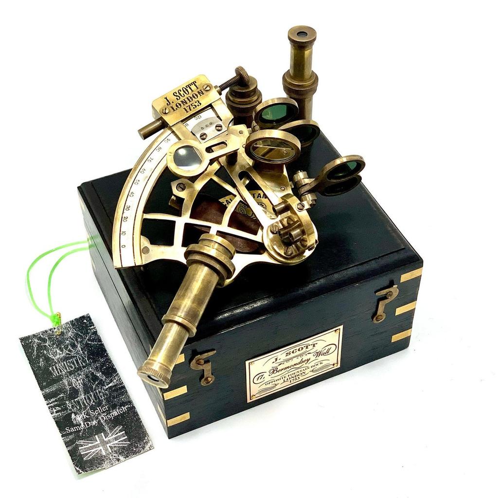 Antique Maritime Nautical Sextant Vintage Marine Astrolabe Ship's Instruments with Wooden Box Brass Ship Sextant with Hardwood Engraved Box