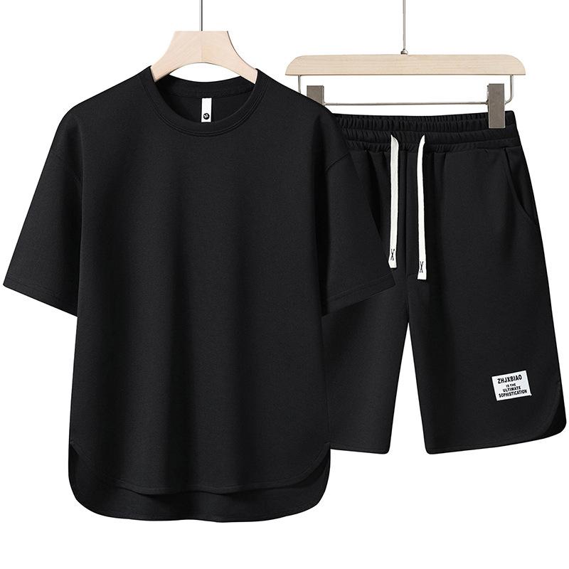 Summer Short-sleeved Suit Men's Round Neck T-shirt Solid Color Half-sleeved Cardigan Thin Breathable Five-point Pants Two-piece Suit
