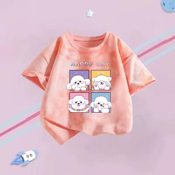 Girls Summer Short Sleeve T Shirt Tie Dye Cartoon Print Stylish Casual Top