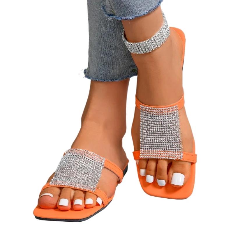 Fashion Women's Shoes 2024 Hot Sale Square Toe Women's Slippers Summer Sequins Solid Outdoor Casual Beach Flat Comfortable Slippers