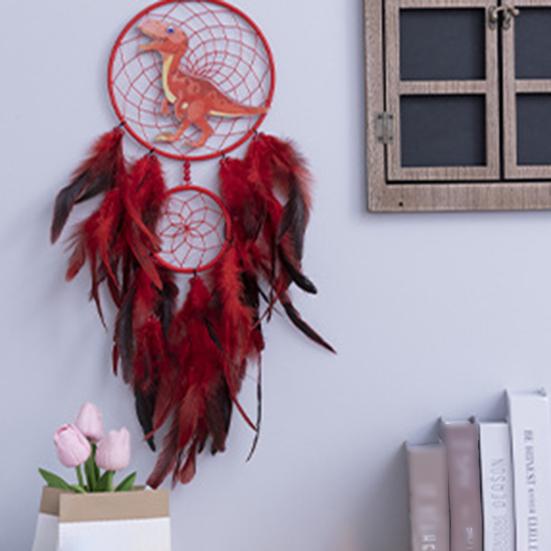 Dinosaur Dream Catcher Ornament Kids Faux LED Light Feather Dream Catcher Handmade Home Decor Birthday Gift