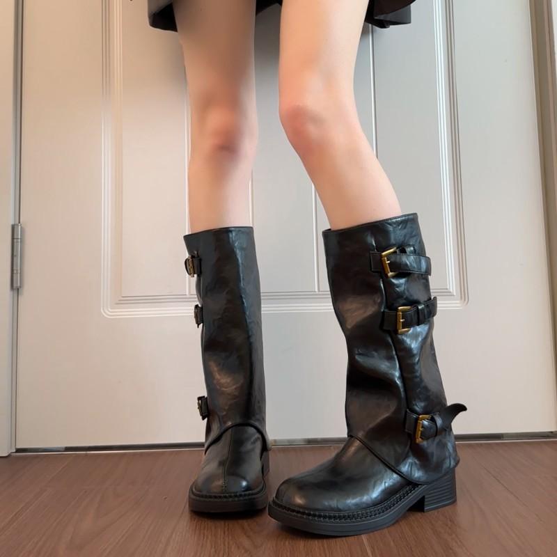 Britischer Stil Röhrenhosen Röhrenstiefel Damen Herbst Neu Dünn Dicksohlig Zwei Tragevarianten Abnehmbar Stapel-Ritterstiefel