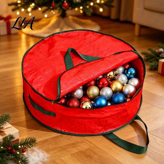 Moisture Proof Wreath Protector Round Garland Storage Bag with Reinforced Handles, Waterproof PE Fabric Zippered Holiday Decor Dustproof Organizer,