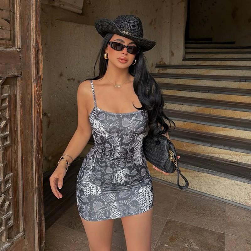 Womens Sexy Spaghetti Strap Dress Leopard Print Slim Fit Backless Mini Length Party Date