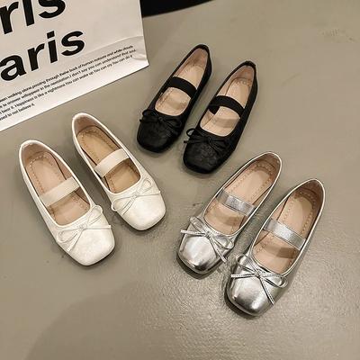 Модные туфли Мэри Джейн на плоской подошве с бантом для женщин, весенние новые дизайнерские балетки на мягкой подошве, женские элегантные серебряные кожаные туфли на плоской подошве