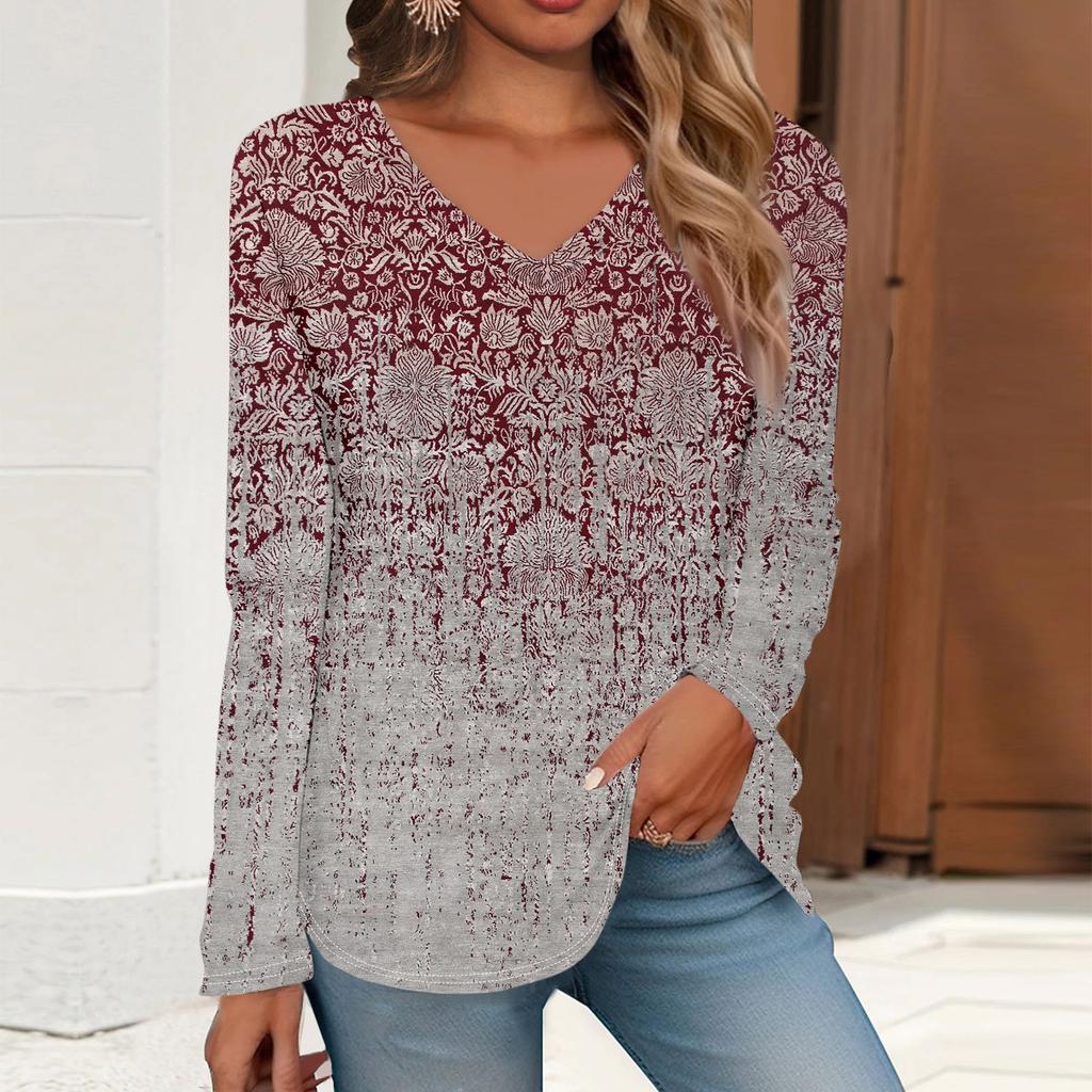Women's T Shirt Retro Print Long Sleeve Daily Weekend Daily Basic V Neck Regular  Fall Winter Tops