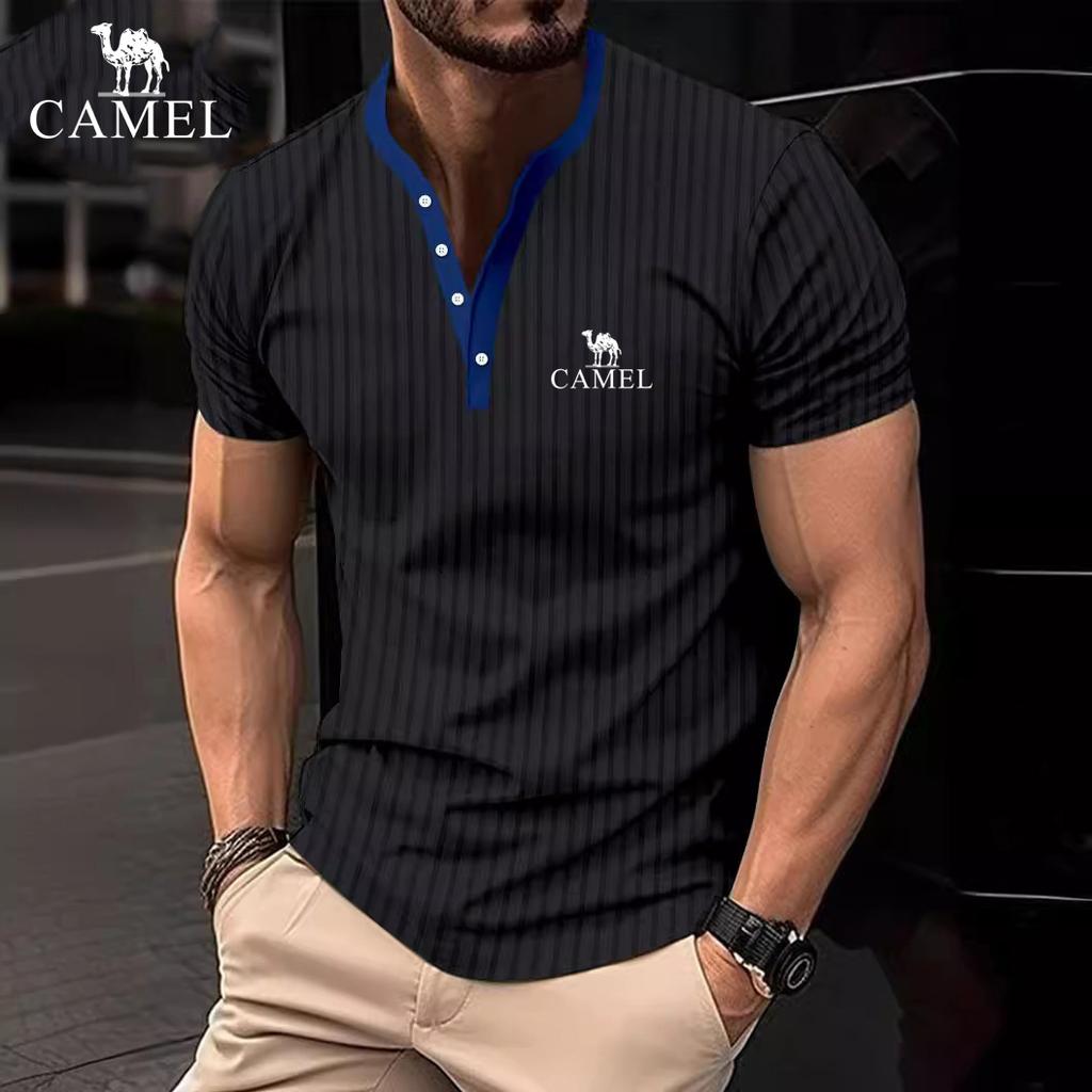 2024 Summer Men's Solid Color Pit Stripe Casual Button V-neck Slim Fit Embroidered Short Sleeved T-shirt