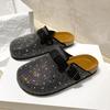 Shiny Rhinestones Outdoor Slippers Women's Shoes 2025 Summer Trend Luxury Platform Sandals Black Buckle Cork Clog Luxury Mules