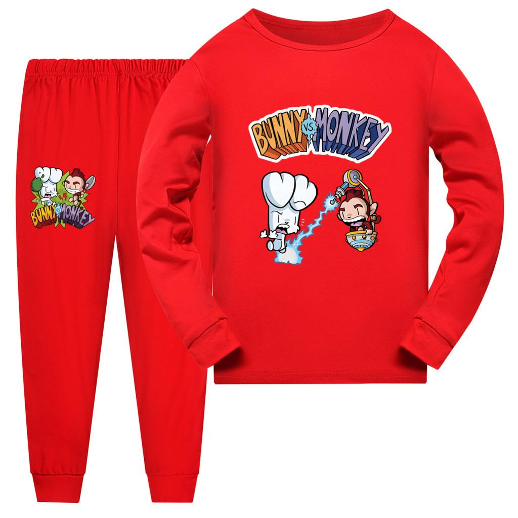 4187 Children Boys Girls Bunny Monkey Print Long Sleeves Top Pants Pajamas Sleepwear Sleeping Sets