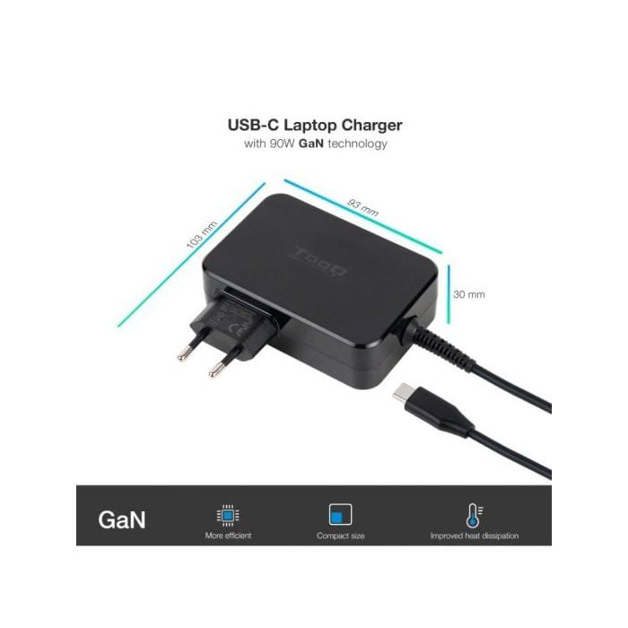 Зарядное устройство для ноутбука - Tooq - Gan USB-C Pd3.0 90 Вт - Черный - 1 кабель 0,8 метра - Совместимо с MAC