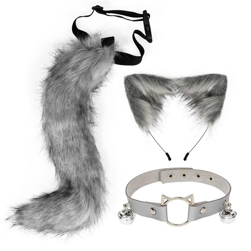 Anime Cosplay Fox Ear Headband Tail Set With Collar Accessory Costume Party