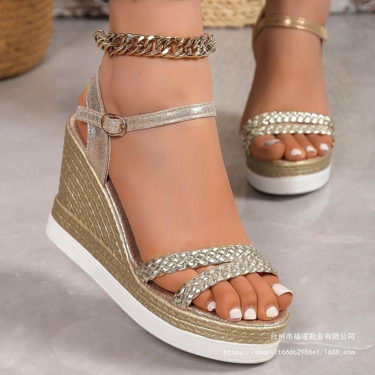 Roman Wedge Heel Polyurethane Sole Women's Shoes, New Fashion Trend In Spring 2025, Versatile Women's Shoes, Gold, Others