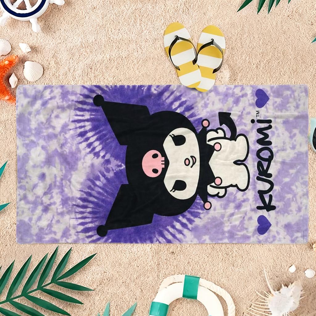 Kuromi Printed Super Soft Cotton Beach Towel Tie-Dye Purple Bath Towel for Pool Beach Bathroom