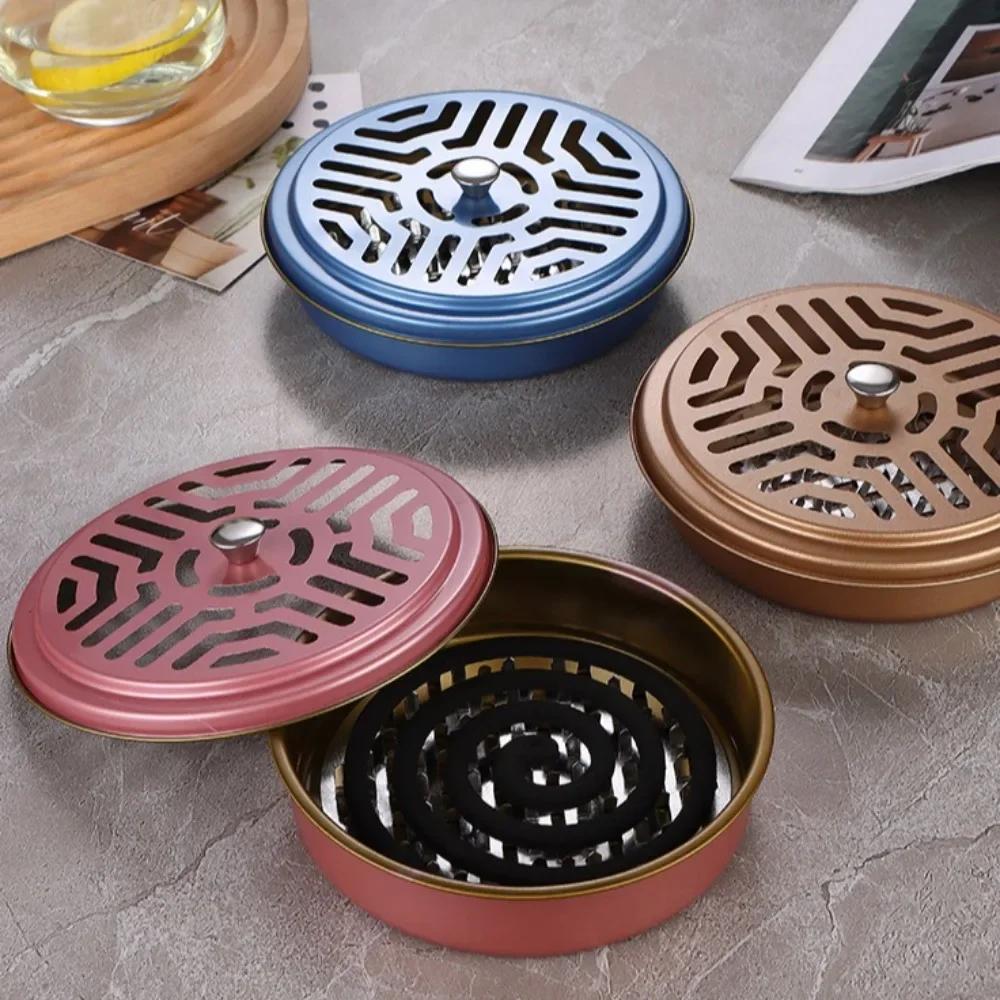 1PC Round Fireproof Mosquito Coil Box with Lid, Serrated Iron Coil Holder Tray, Outdoor Camping Tools