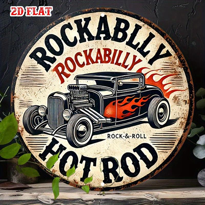 D Flat Metal Sign Retro Vintage Rockabilly Hot Rod Metal Sign Grunge Rusty Round Tin Plaque Classic Car Flame Wall Art Rock