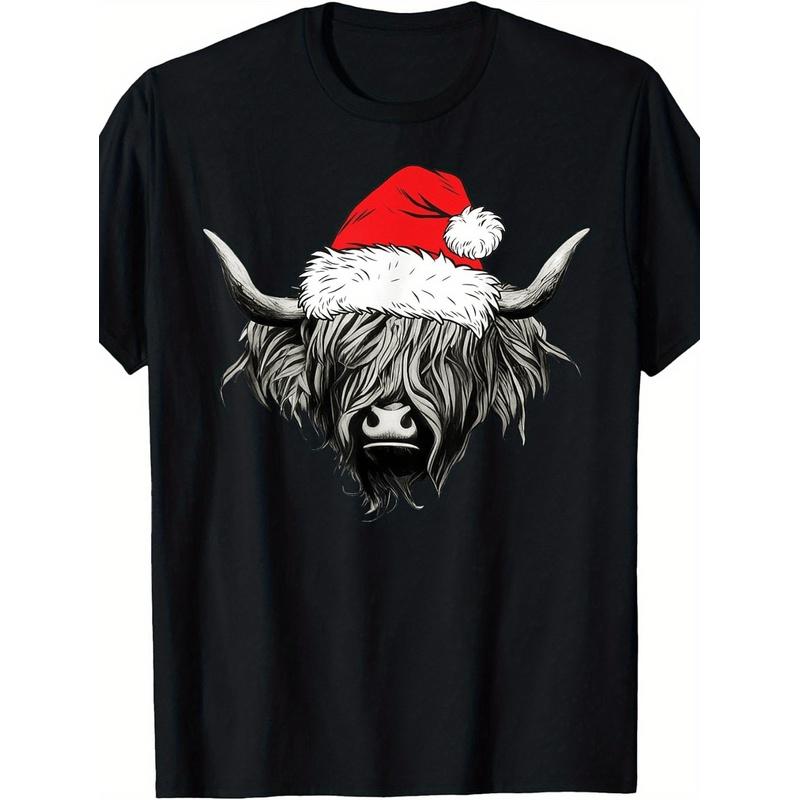 Men's Scottish Highland Cow Santa Hat & Tartan Print T-Shirt - Soft Breathable Short Sleeve Round Neck Christmas Gift for Christmas, Birthdays