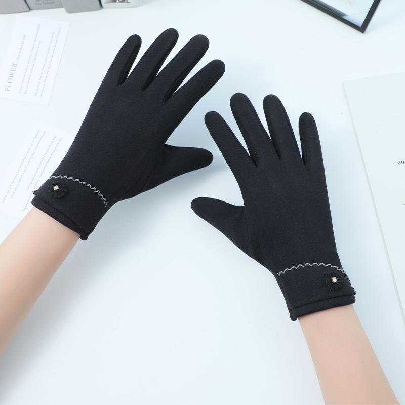 Solid Color Suede Gloves Small Flower Decor Touch Screen Gloves Winter Warm Cold-proof Split Finger Gloves
