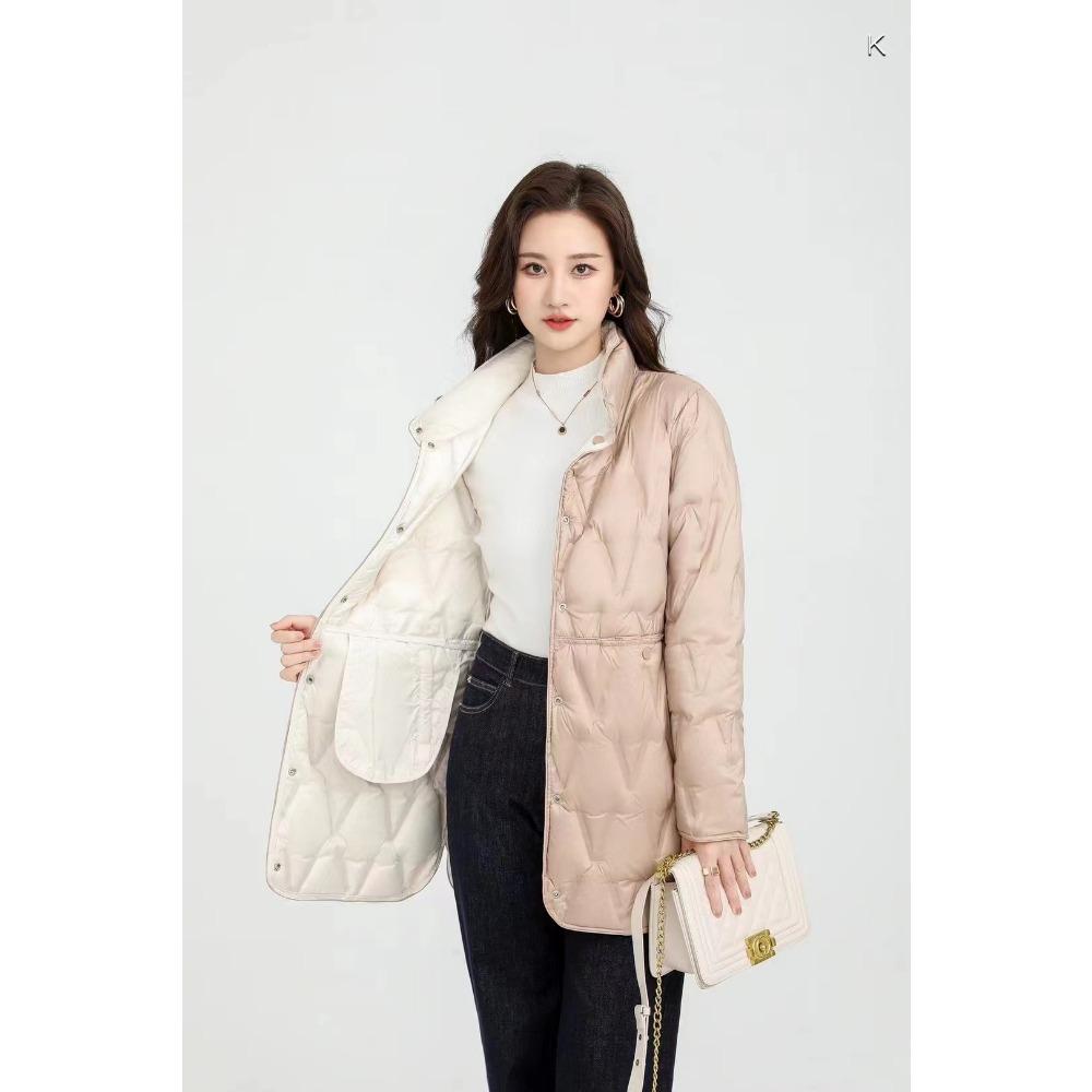Women's Double Side Thin Jacket Stand Collar White Duck Down Coat Women's Ultra-light Mid-length Parka Half-high Collar Button Coat