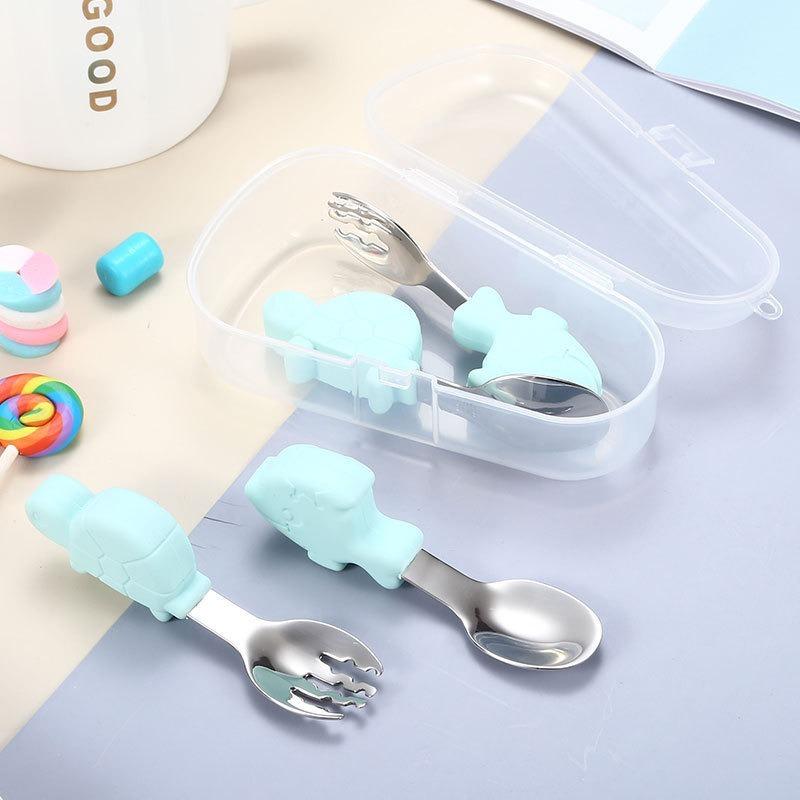 1 комплект детской посуды, детская утварь, столовые приборы из нержавеющей стали для малышей, ложка и вилка для кормления младенцев с героями мультфильмов