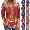 Женская мода повседневная рождественская печать V-образный вырез полые плечи длинный рукав топ