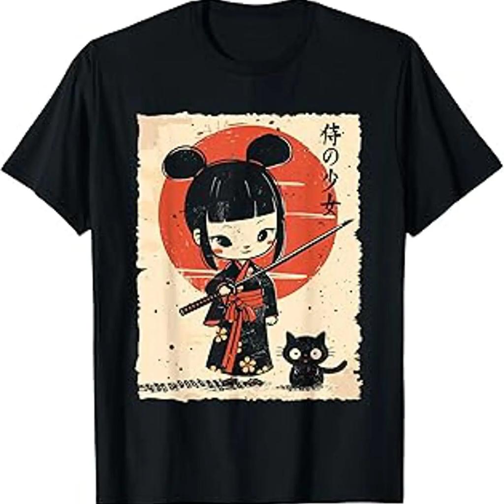 Cute Kawaii Samurai Girl With Katana Cat Japanese Anime T Shirt Vintage Comfortable Slightly Stylish Designer Clothes